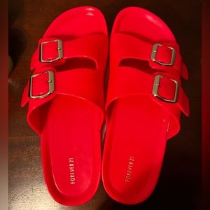 Size 8, Forever 21, 2 buckled strapped, pink slides